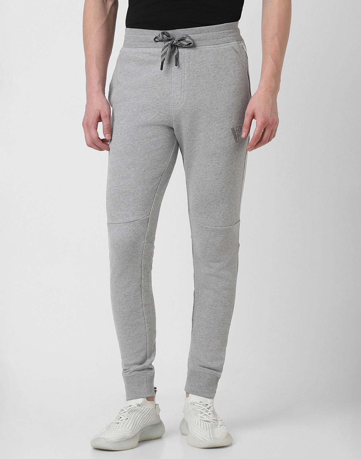 Image of VAN HEUSEN Athleisure Men Grey Solid Drawstring Waist Side Panel Joggers Printed Men Grey Track Pants