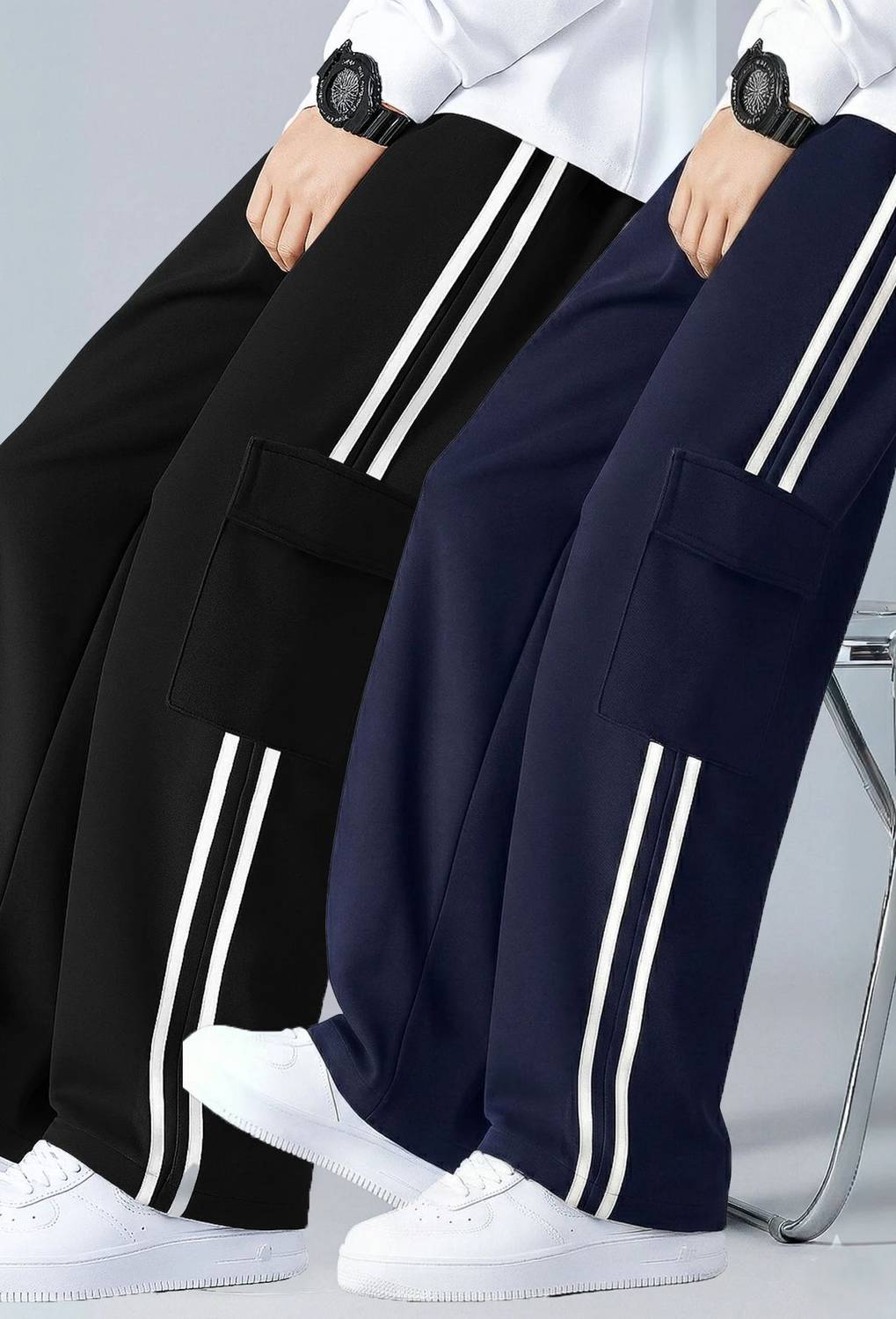 COMBRAIDED Black, Dark Blue Striped Track Pants Pack of 2 - Image 1