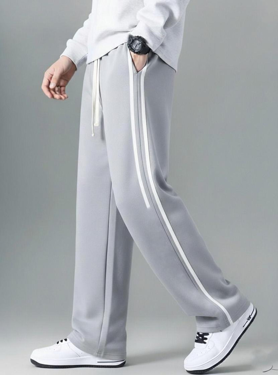 Image of NFTrenzify Solid, Striped Men Grey Track Pants
