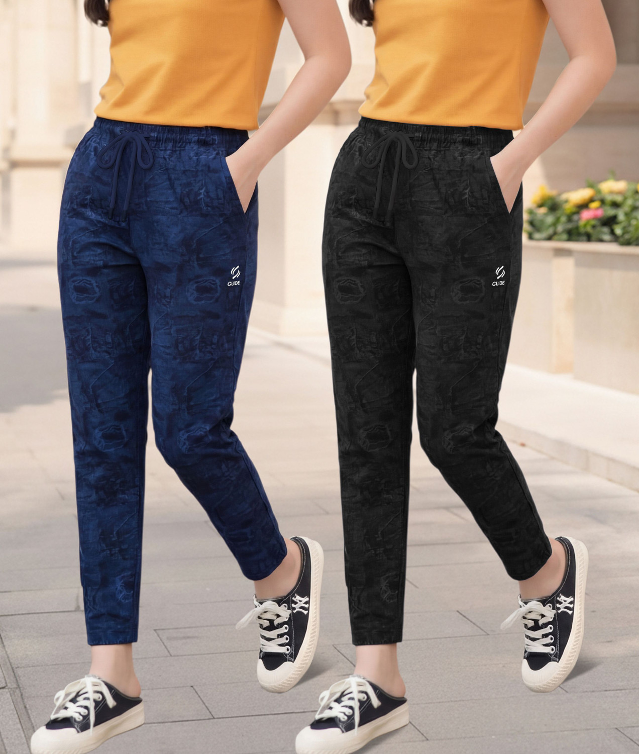 Image of Guide Printed Women Black, Dark Blue Track Pants