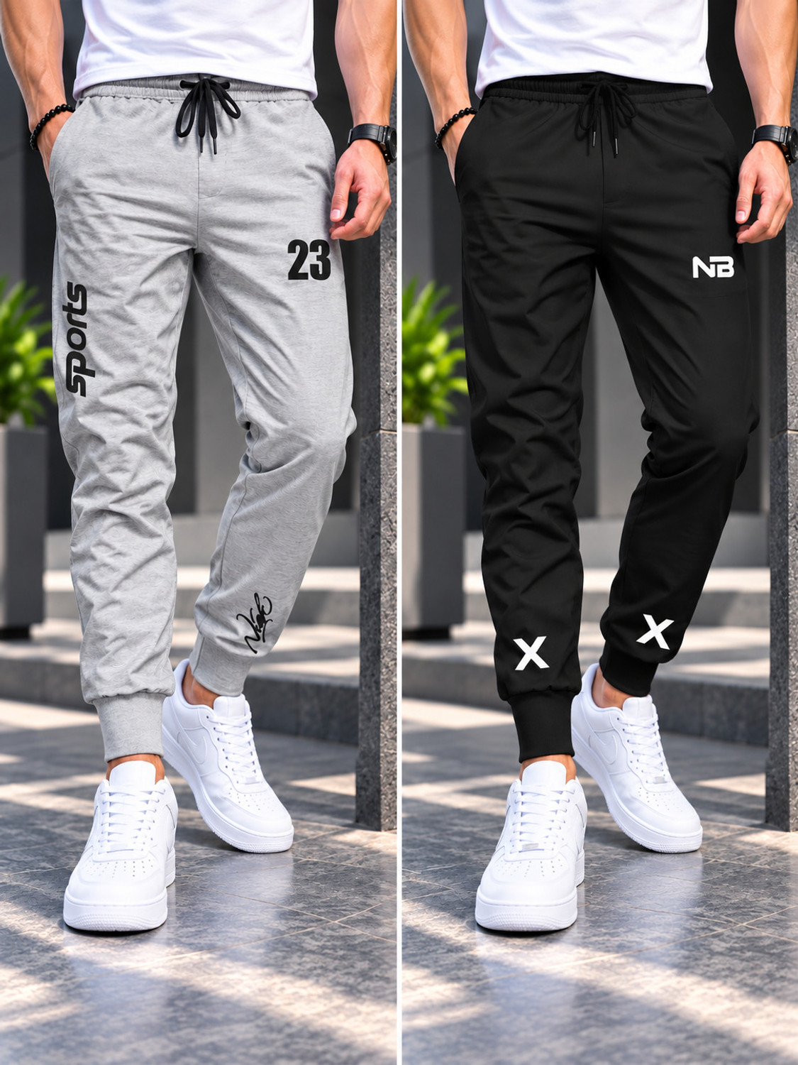 Image of NB NICKY BOY Pack of 2 Men Printed Grey, Black Track Pants