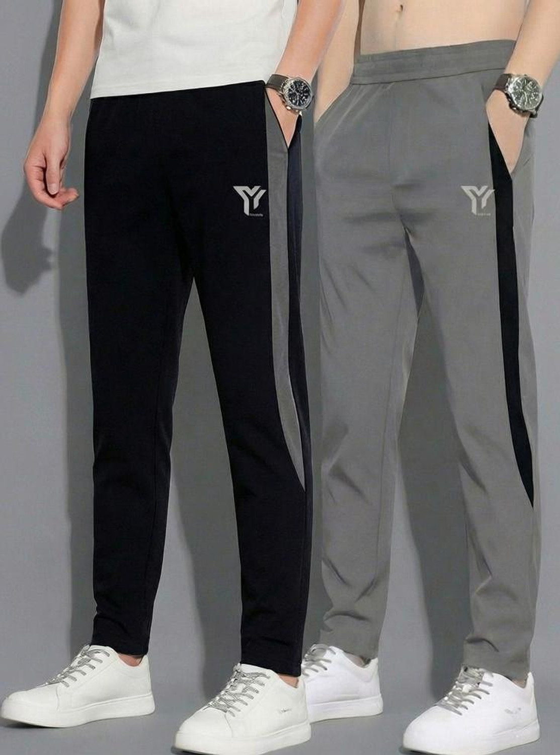 Image of YUNEK Colorblock Men Black, Grey Track Pants