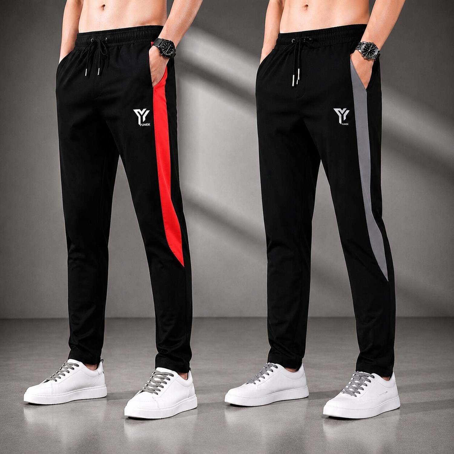 Image of YUNEK Pack of 2 Men Printed Black, Grey Track Pants