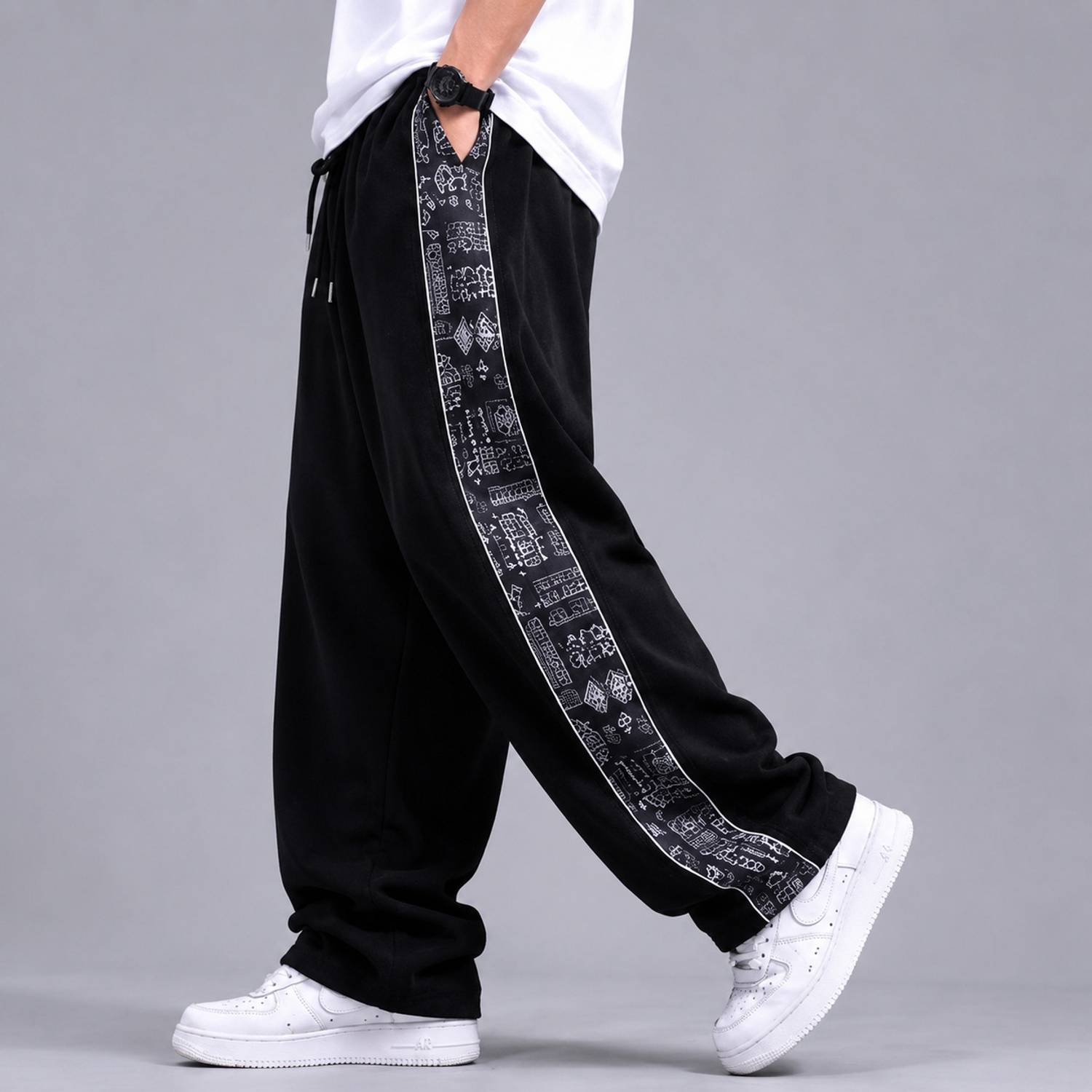 MODESHIFT Printed Men Black Track Pants