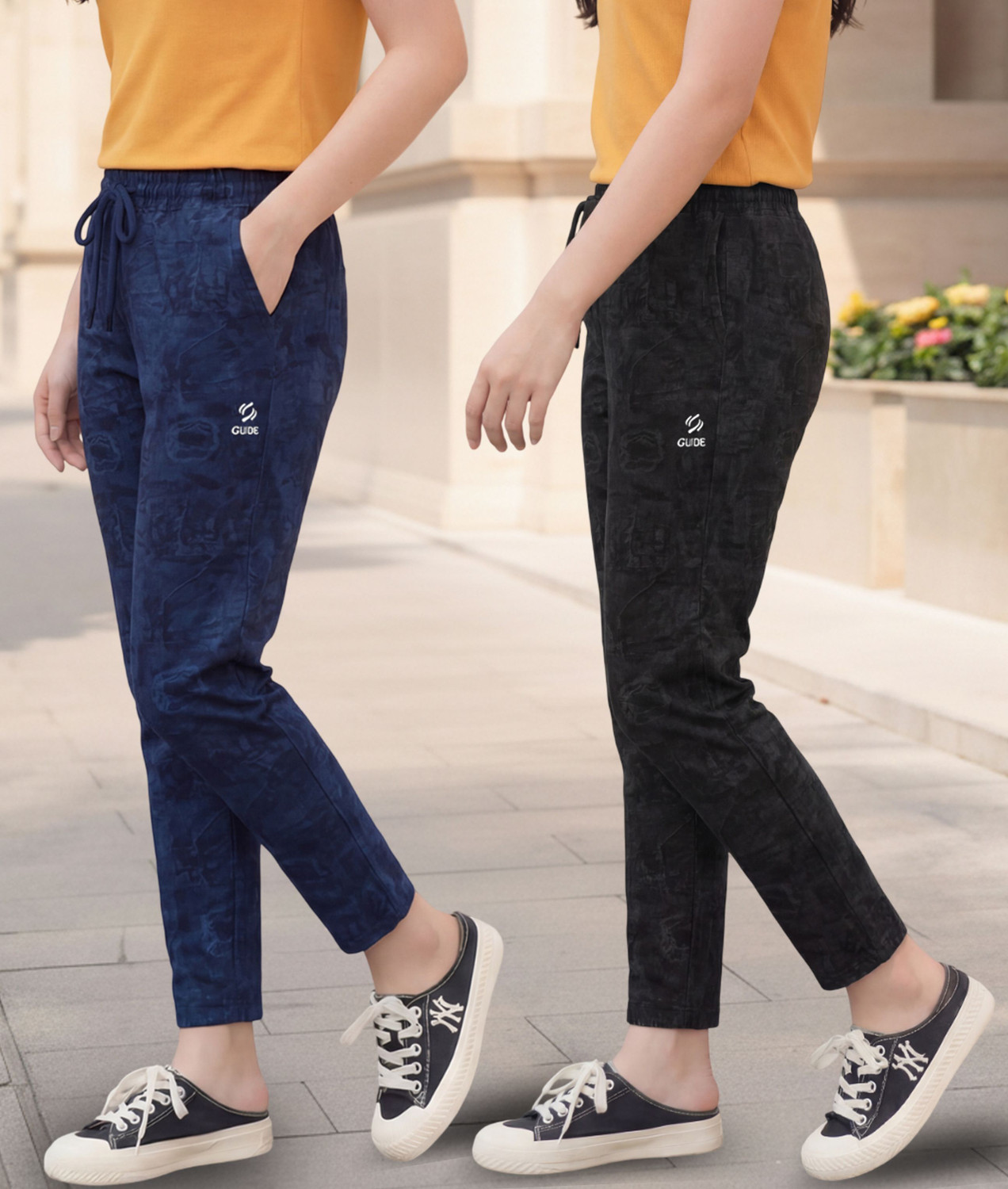 Image of Guide Printed Women Black, Dark Blue Track Pants