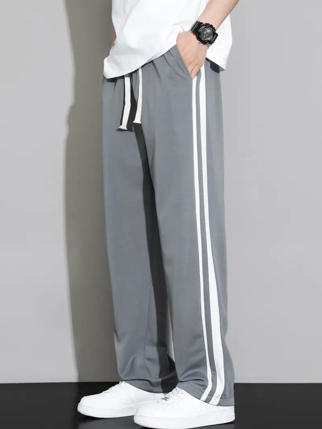Image of JexPuti Striped Men Grey Track Pants