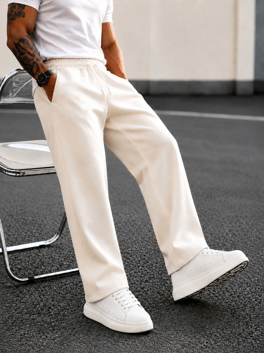 Image of FENGHAOYU Men Solid Beige Track Pants