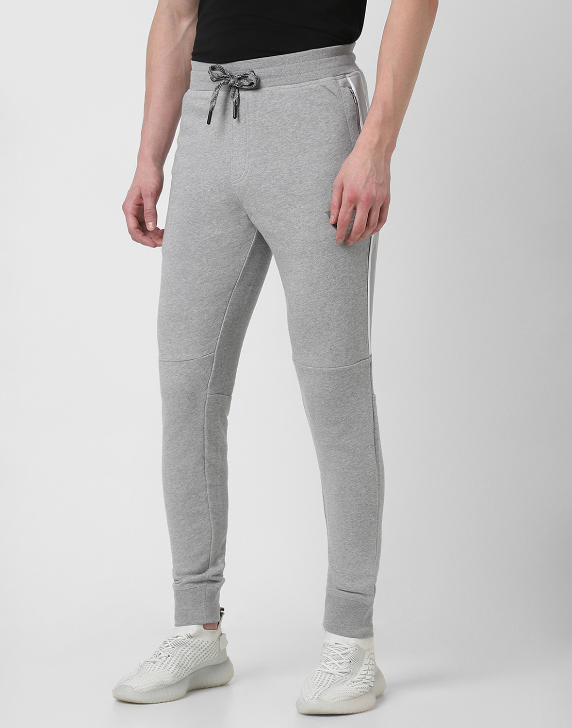 Image of VAN HEUSEN Athleisure Men Grey Solid Drawstring Waist Side Panel Joggers Printed Men Grey Track Pants
