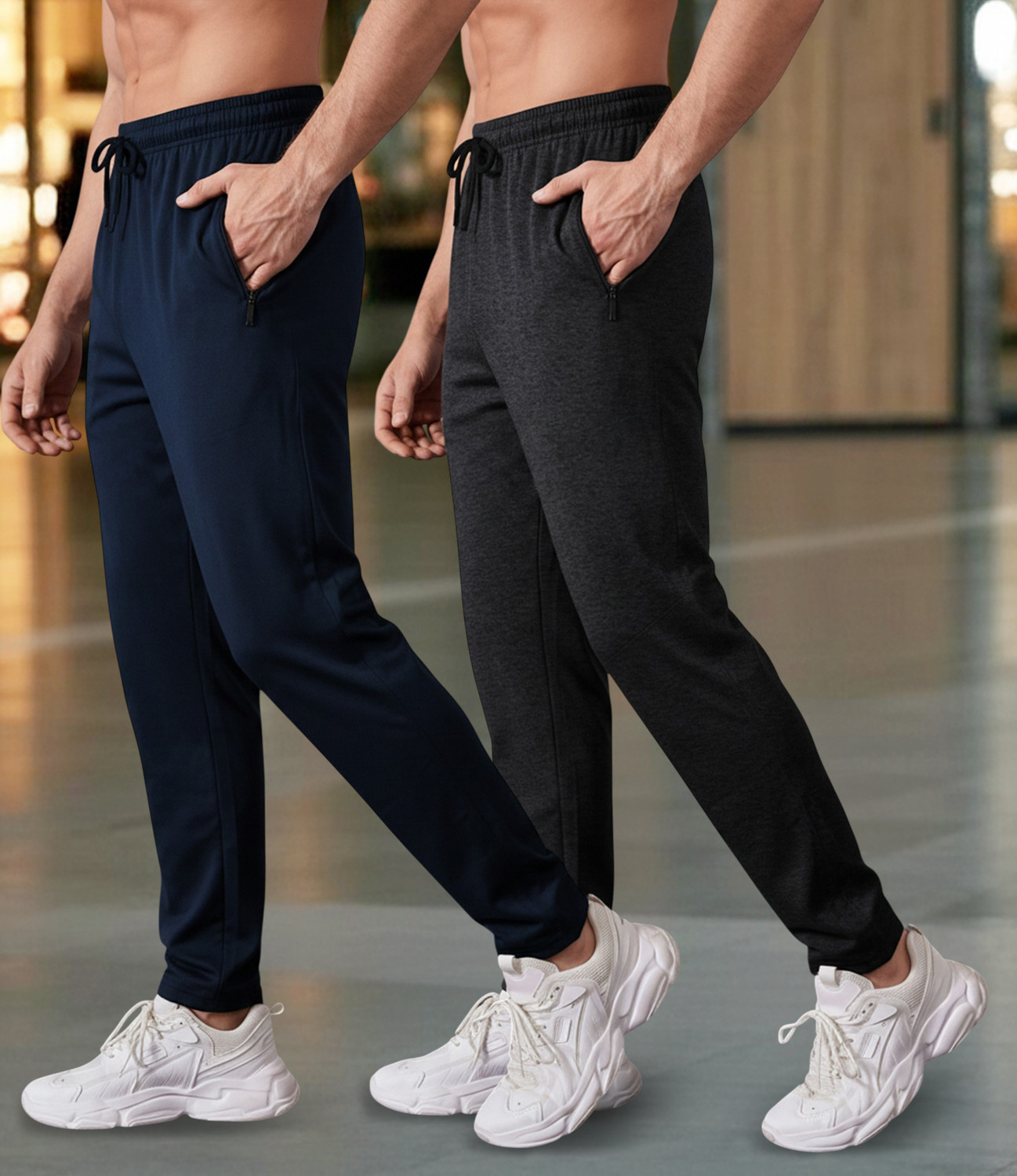 Image of FEEL TRACK Solid Men Dark Blue, Black Track Pants