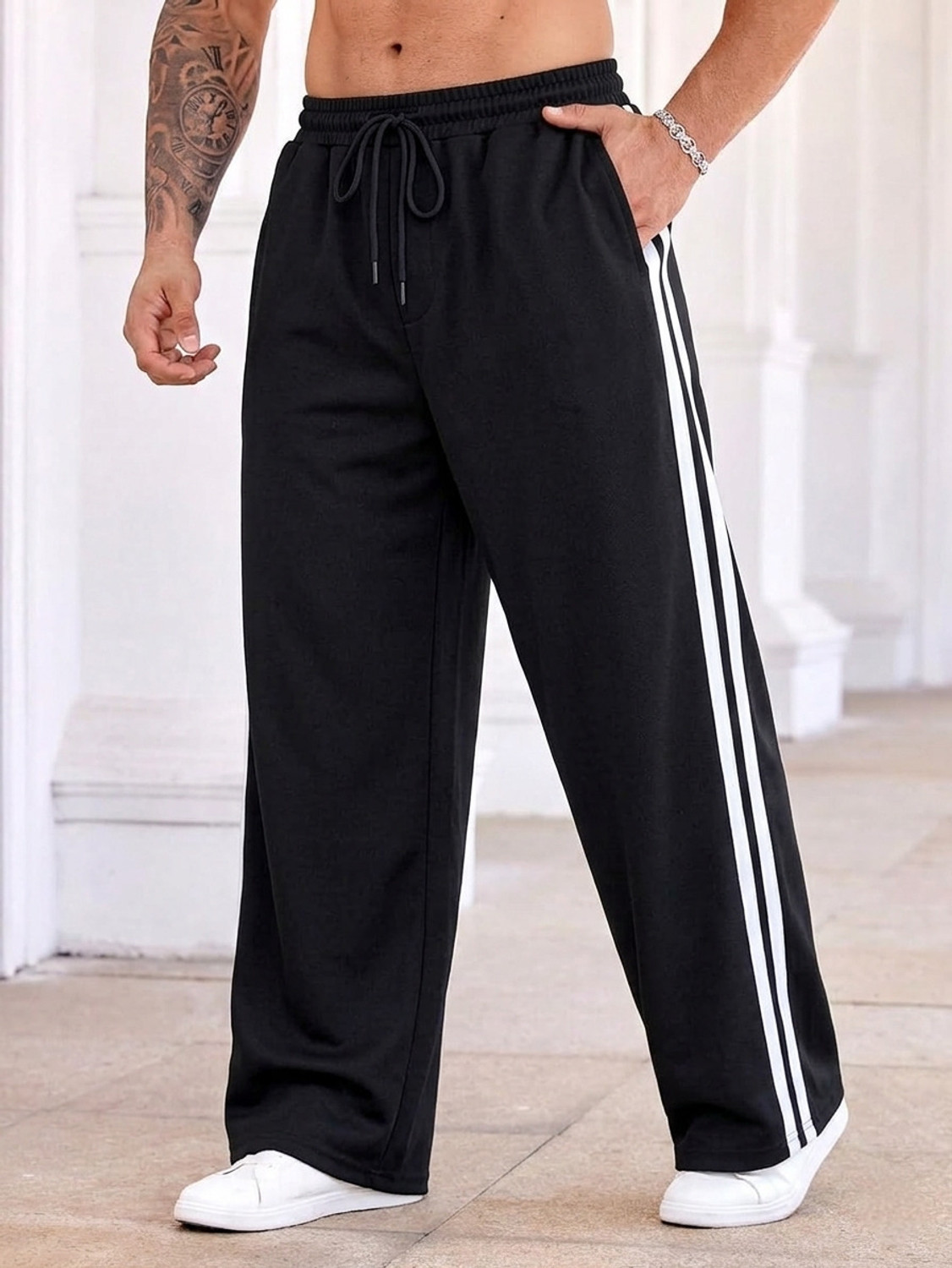 Image of FLYcollection Solid, Striped Men Black Track Pants