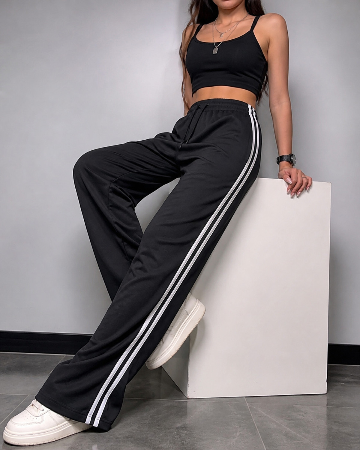 Image of Rock Huns Striped Women Black Track Pants