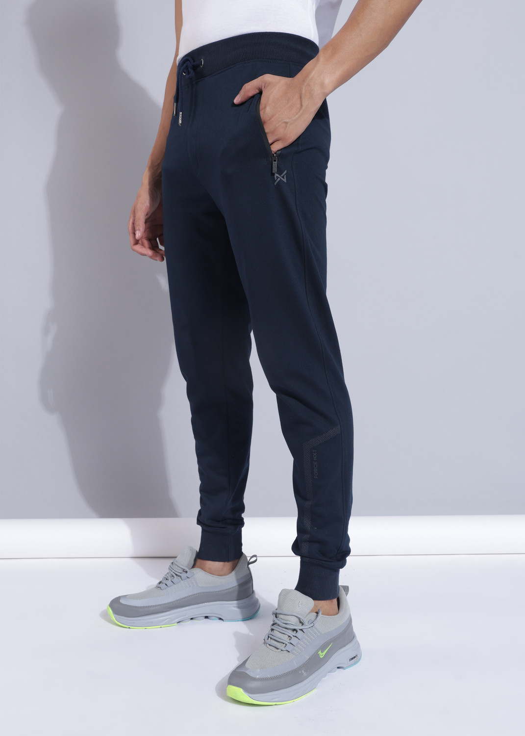 Image of Force NXT Super Combed Cotton Rich French Terry Fabric with Side Pockets Men Solid Dark Blue Track Pants