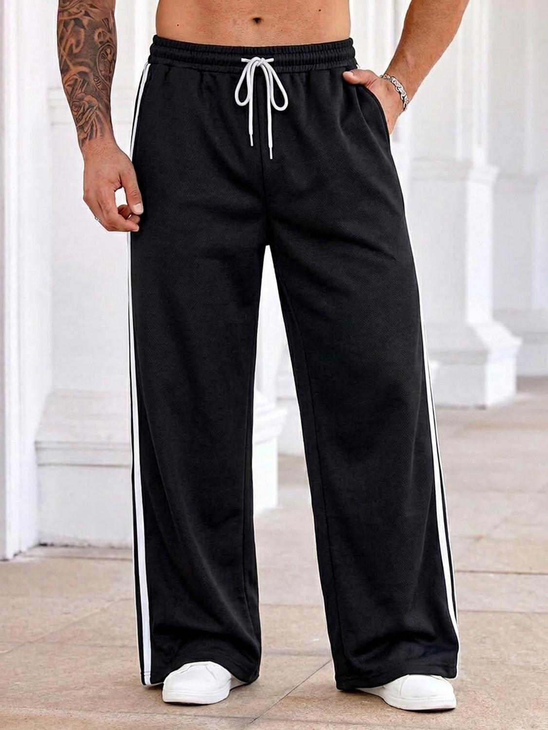 Image of FLYcollection Solid, Striped Men Black Track Pants