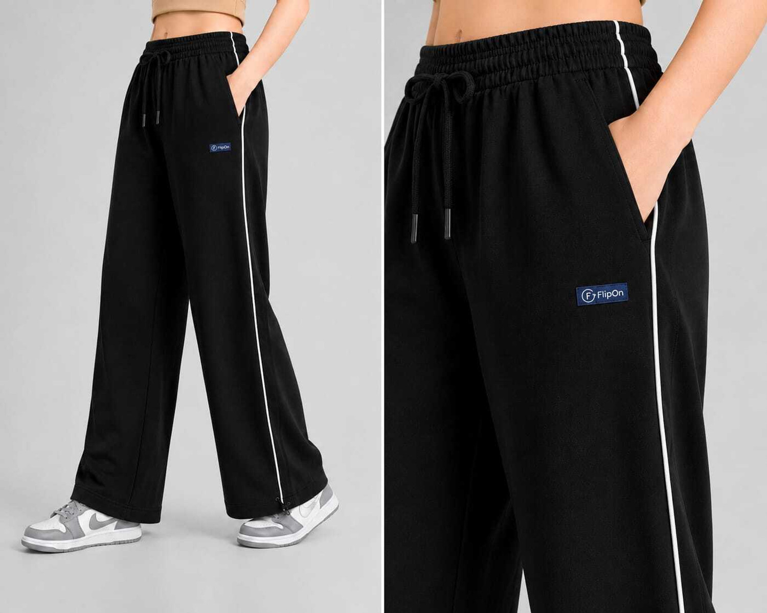 Image of Flipon Pack of 2 Women Striped Black, Grey Track Pants