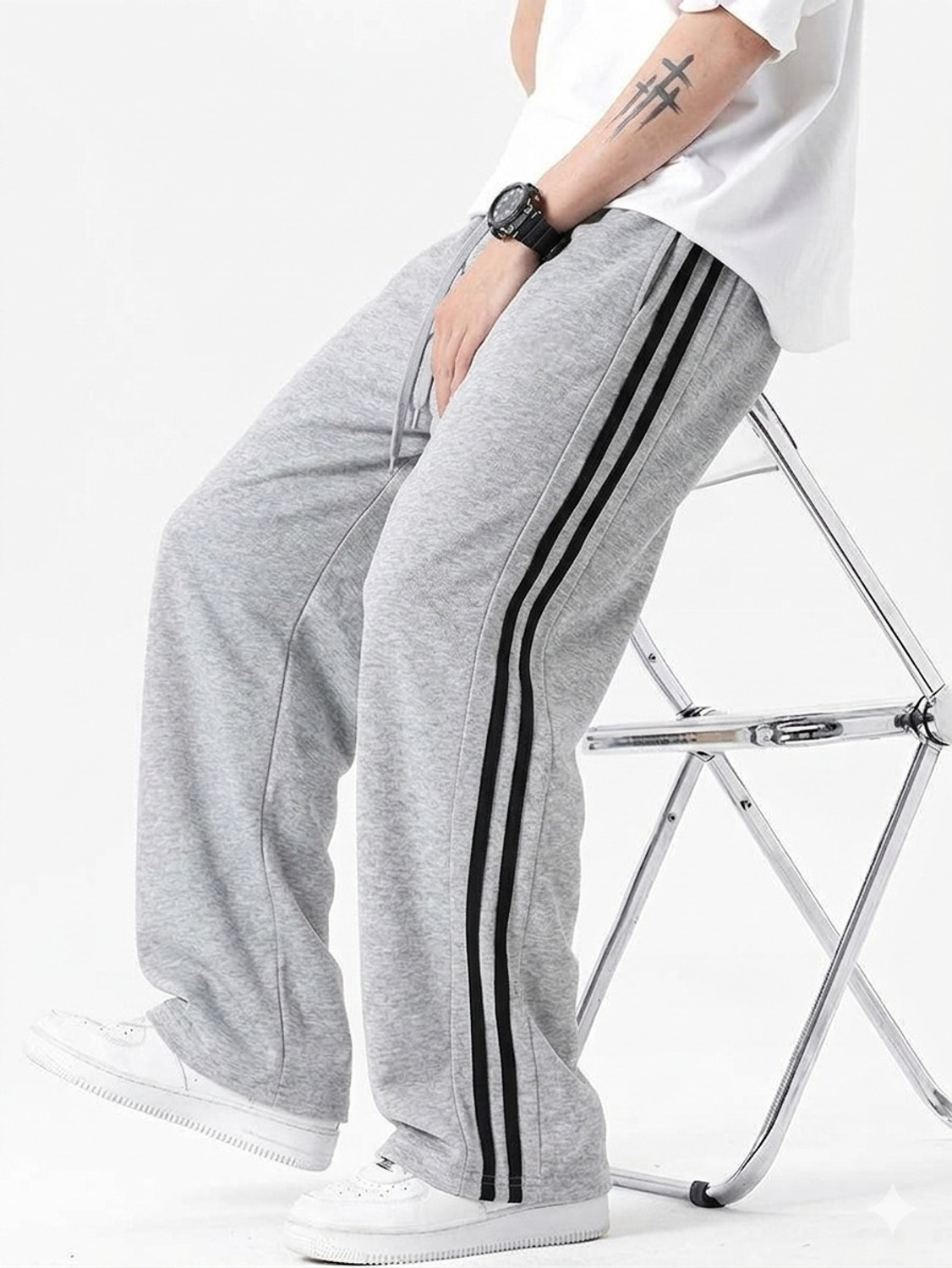 Image of FLYcollection Striped Men Grey Track Pants