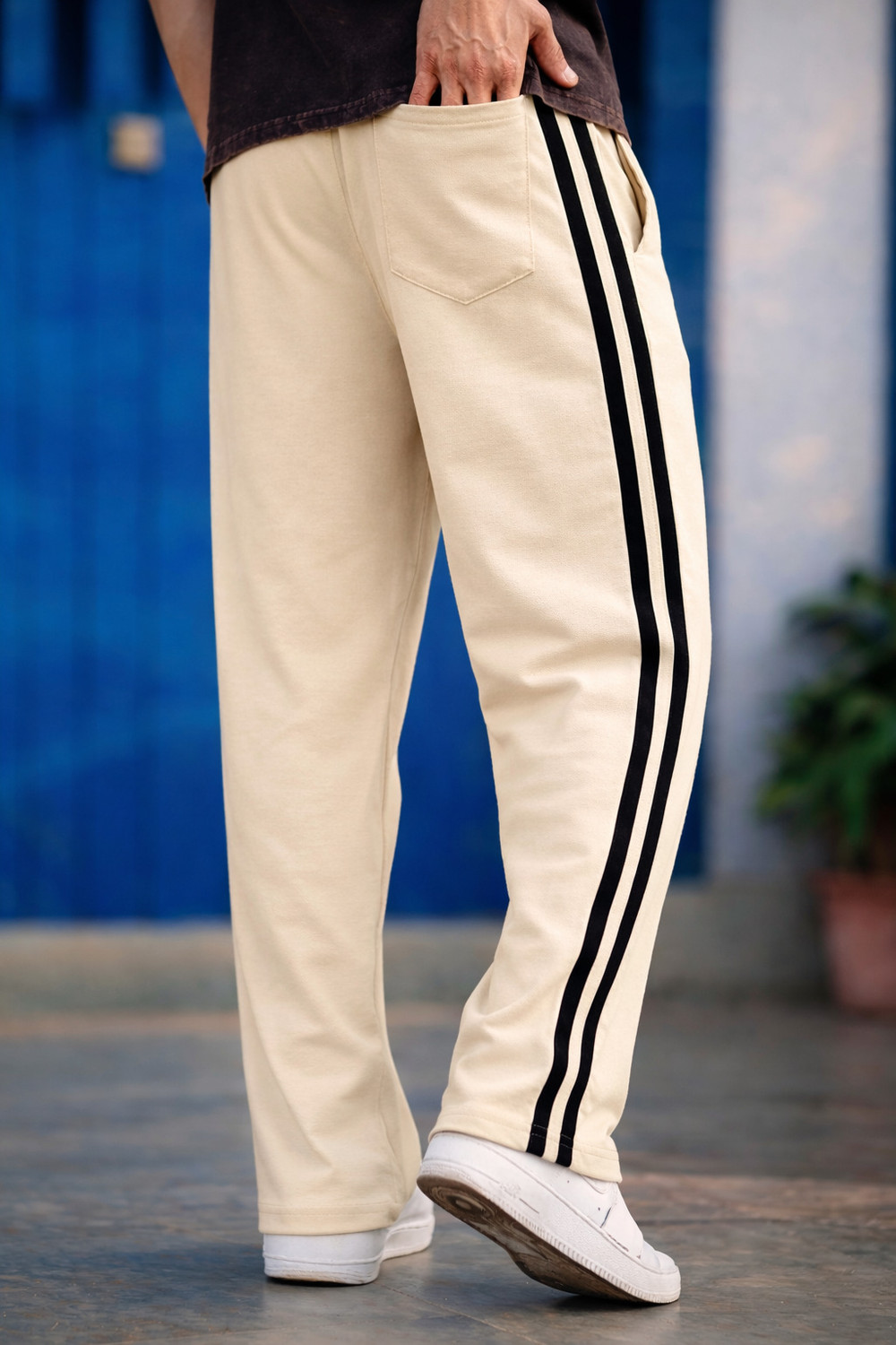 Image of FUBACK Men Solid Beige Track Pants