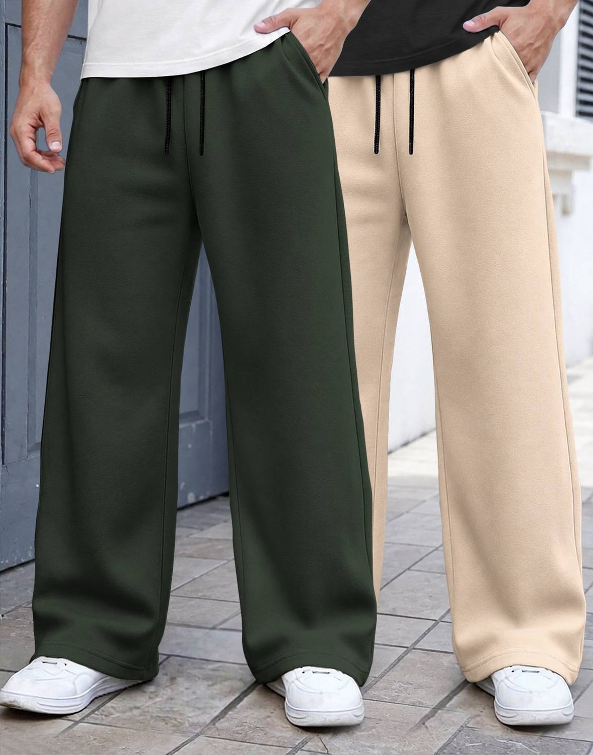 TRIPR Solid Men Beige Green Track Pants Pack of 2