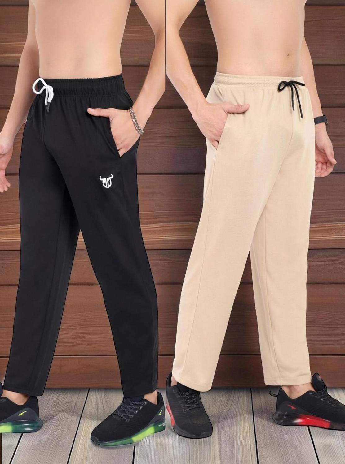 Go DevilPack of 2 Men Solid Black, Beige Track Pants