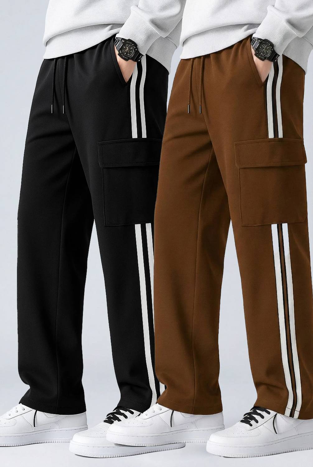 mozero Striped Men Black, Brown Track Pants Pack of 2 - Image 1