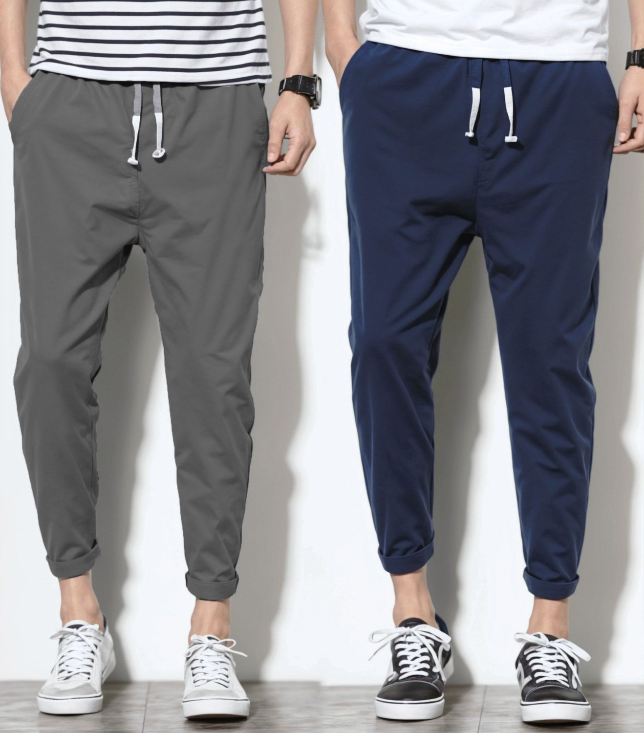 Image of Duooble Solid Men Grey, Dark Blue Track Pants