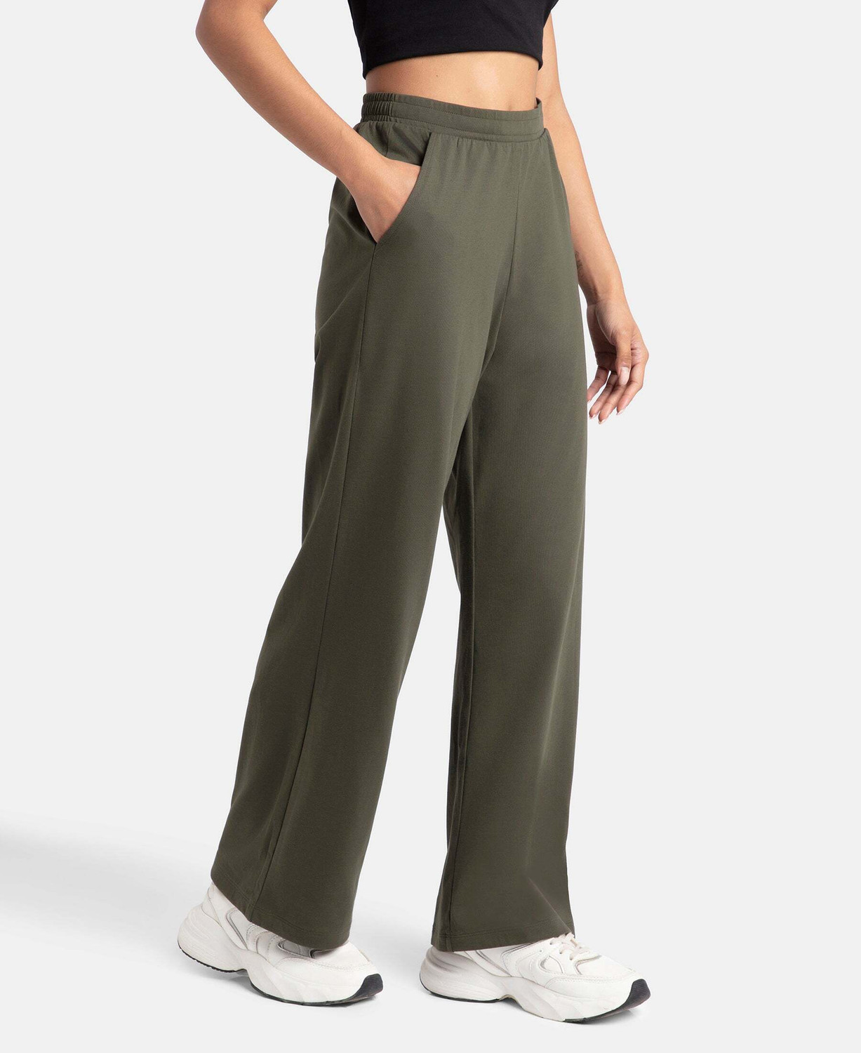 Image of JOCKEY A158 Super Combed Cotton Rich Solid Women Olive Track Pants