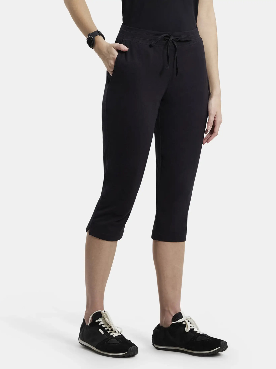Image of JOCKEY 1300 Super Combed Cotton Elastane Stretch Women Black Capri