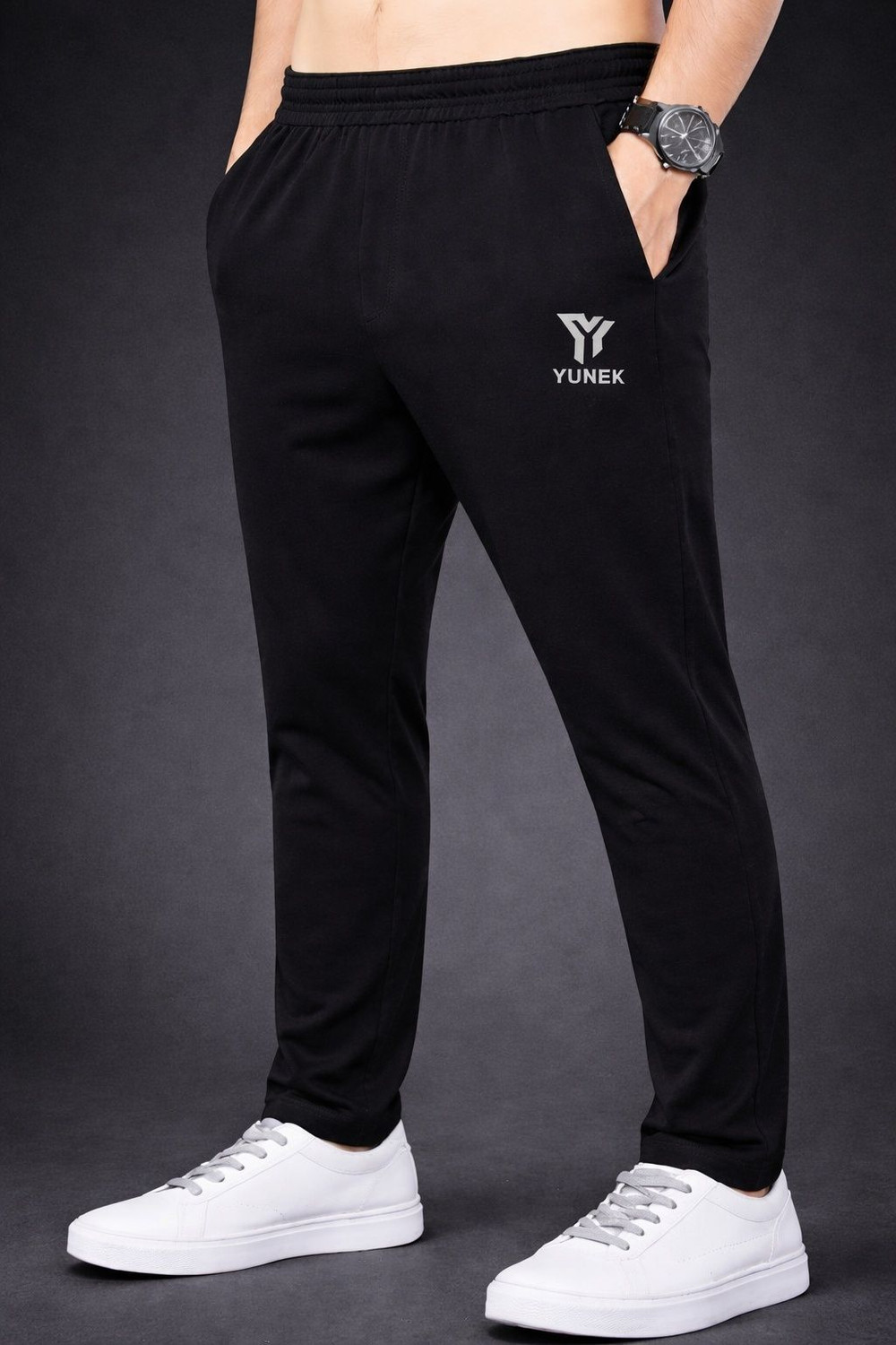 Image of YUNEK Solid Men Black Track Pants