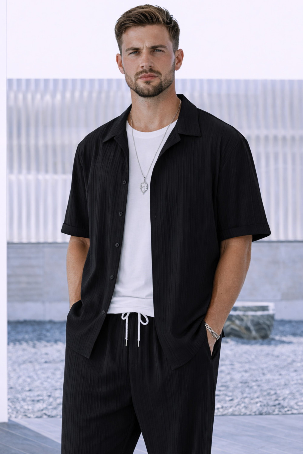 Image of MAA UMA Men Striped Black Night Suit Set