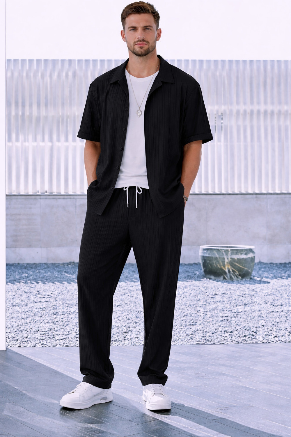 Image of MAA UMA Men Striped Black Night Suit Set