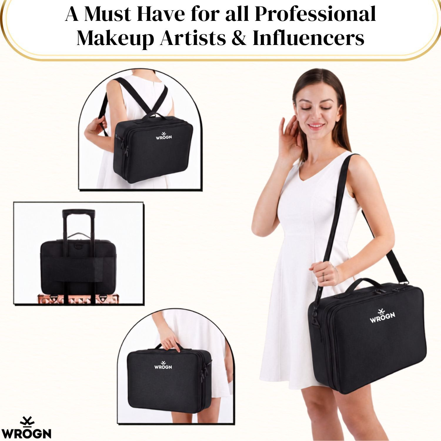 Image of WROGN Cosmetic Organizer & Vanity Bag with Adjustable Dividers, Brush 12 Slots (Black)