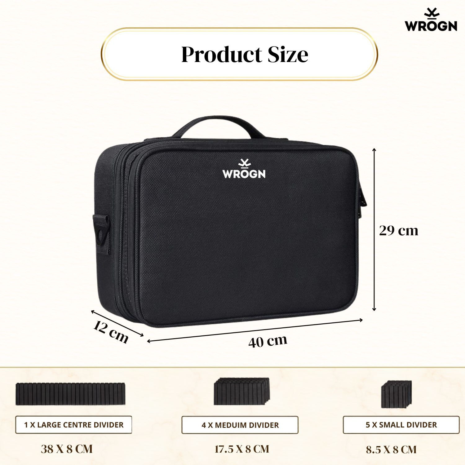 Image of WROGN Cosmetic Organizer & Vanity Bag with Adjustable Dividers, Brush 12 Slots (Black)