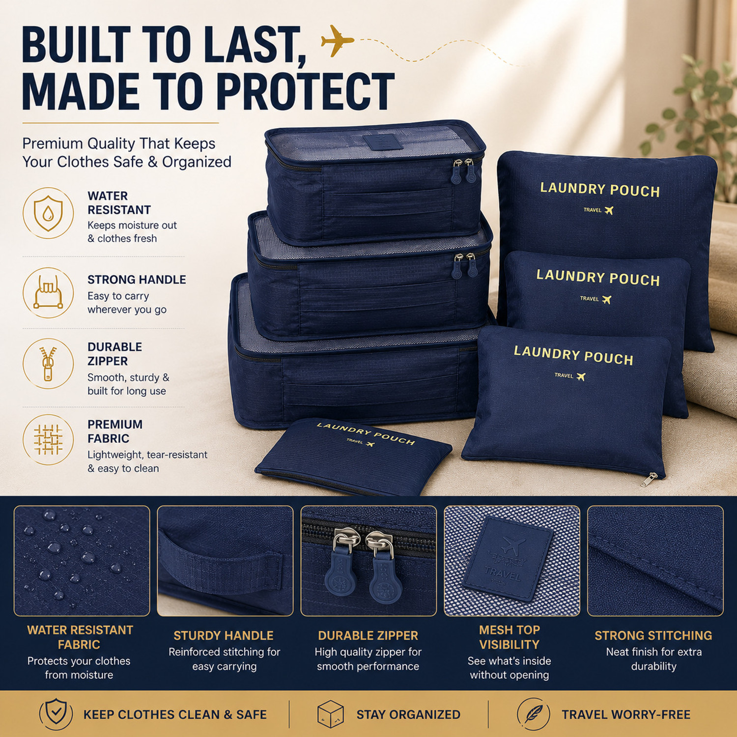 Image of Horizonite Travel Packing Cubes Set of 6 - Waterproof Cloth Organizer Zipper Laundry Bags