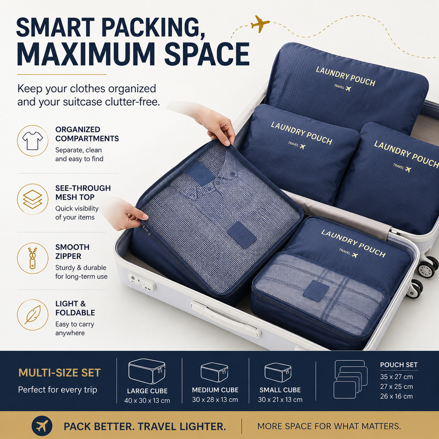 Image of Horizonite Travel Packing Cubes Set of 6 - Waterproof Cloth Organizer Zipper Laundry Bags