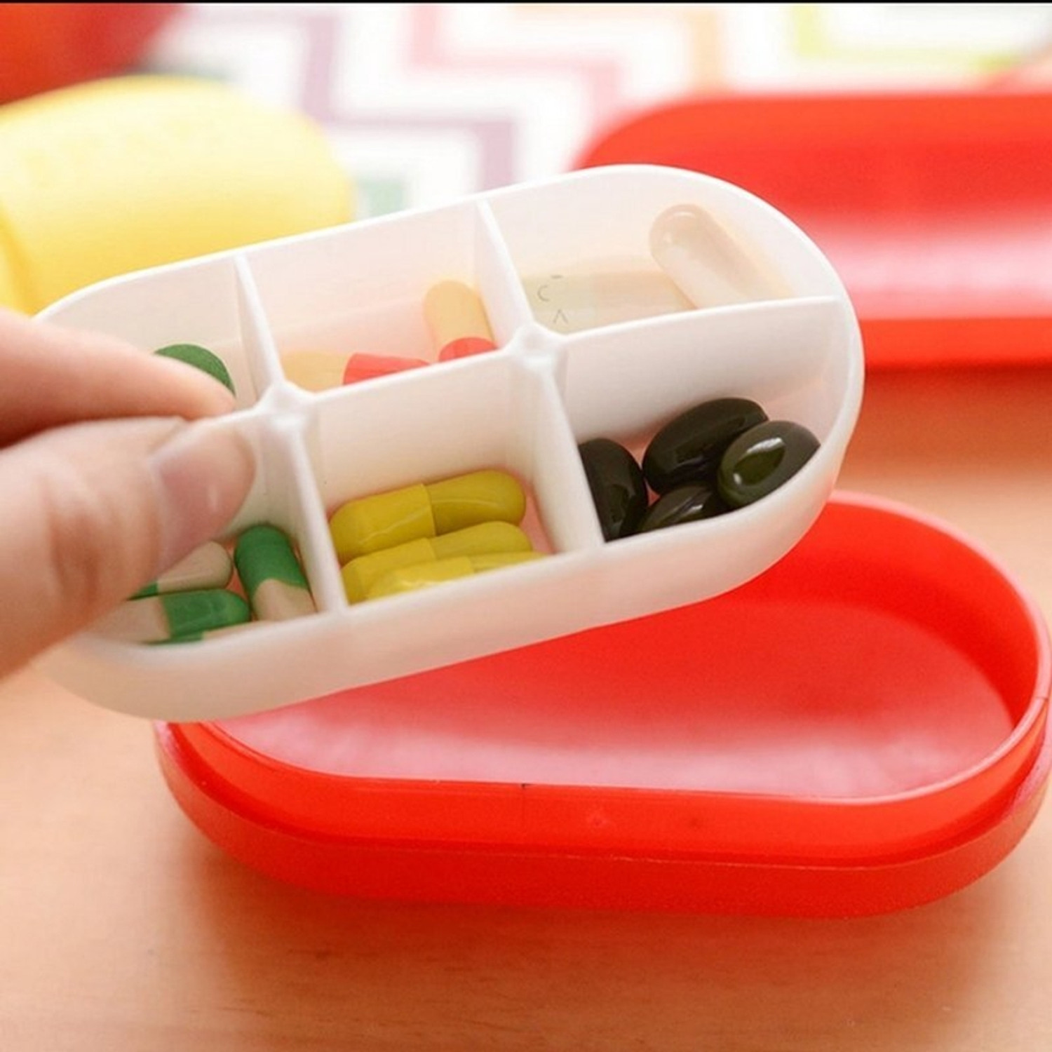 Image of SARVANGAH Portable 6-Slot Capsule Shape Pill Medicine Storage Pill Box.