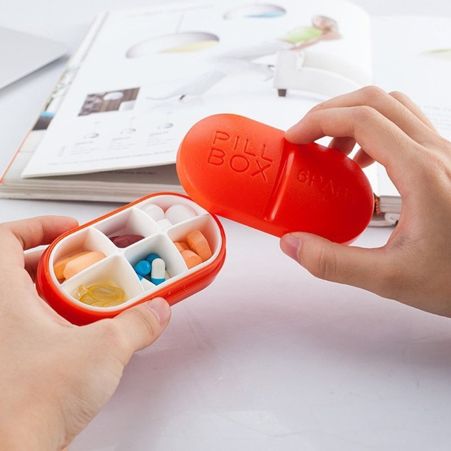 Image of SARVANGAH Portable 6-Slot Capsule Shape Pill Medicine Storage Pill Box.