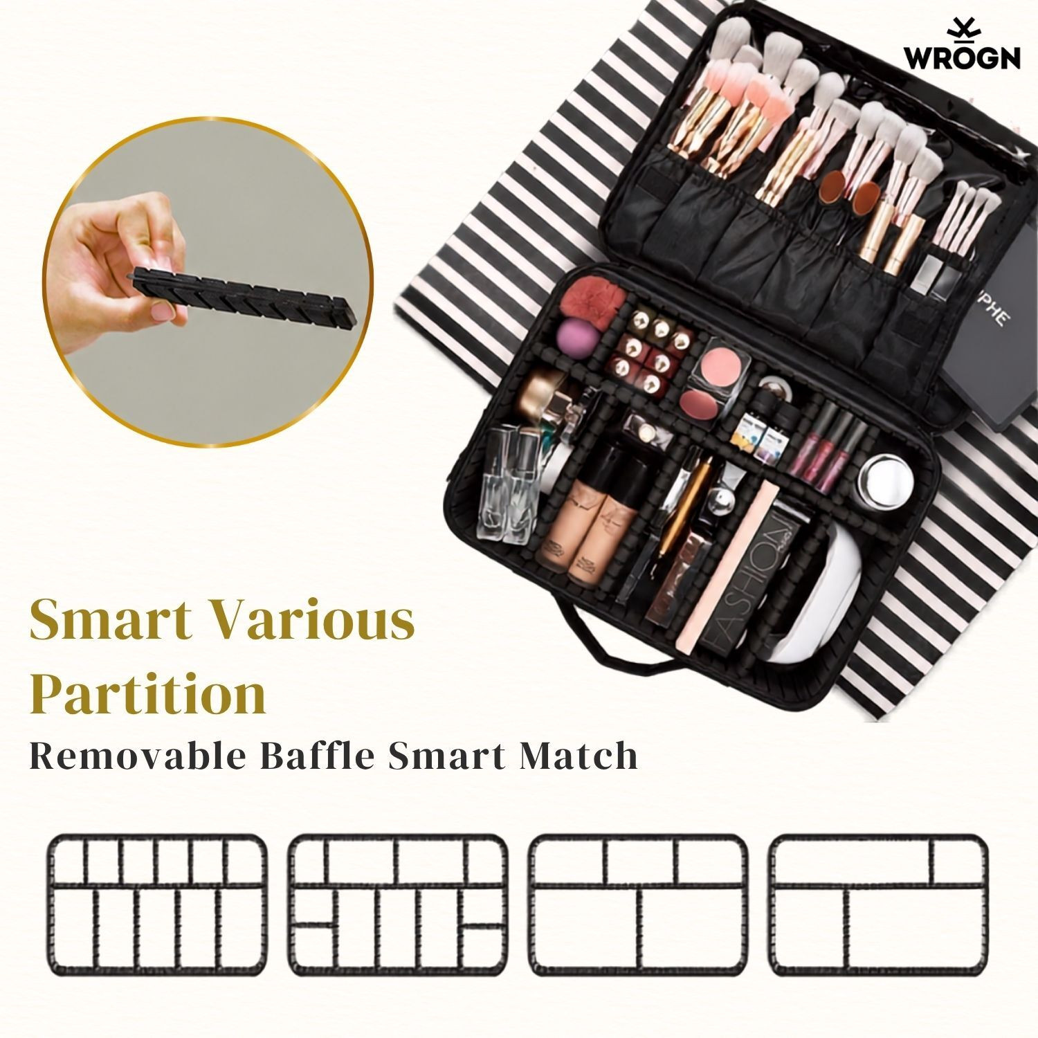 Image of WROGN Cosmetic Organizer & Vanity Bag with Adjustable Dividers, Brush 12 Slots (Black)
