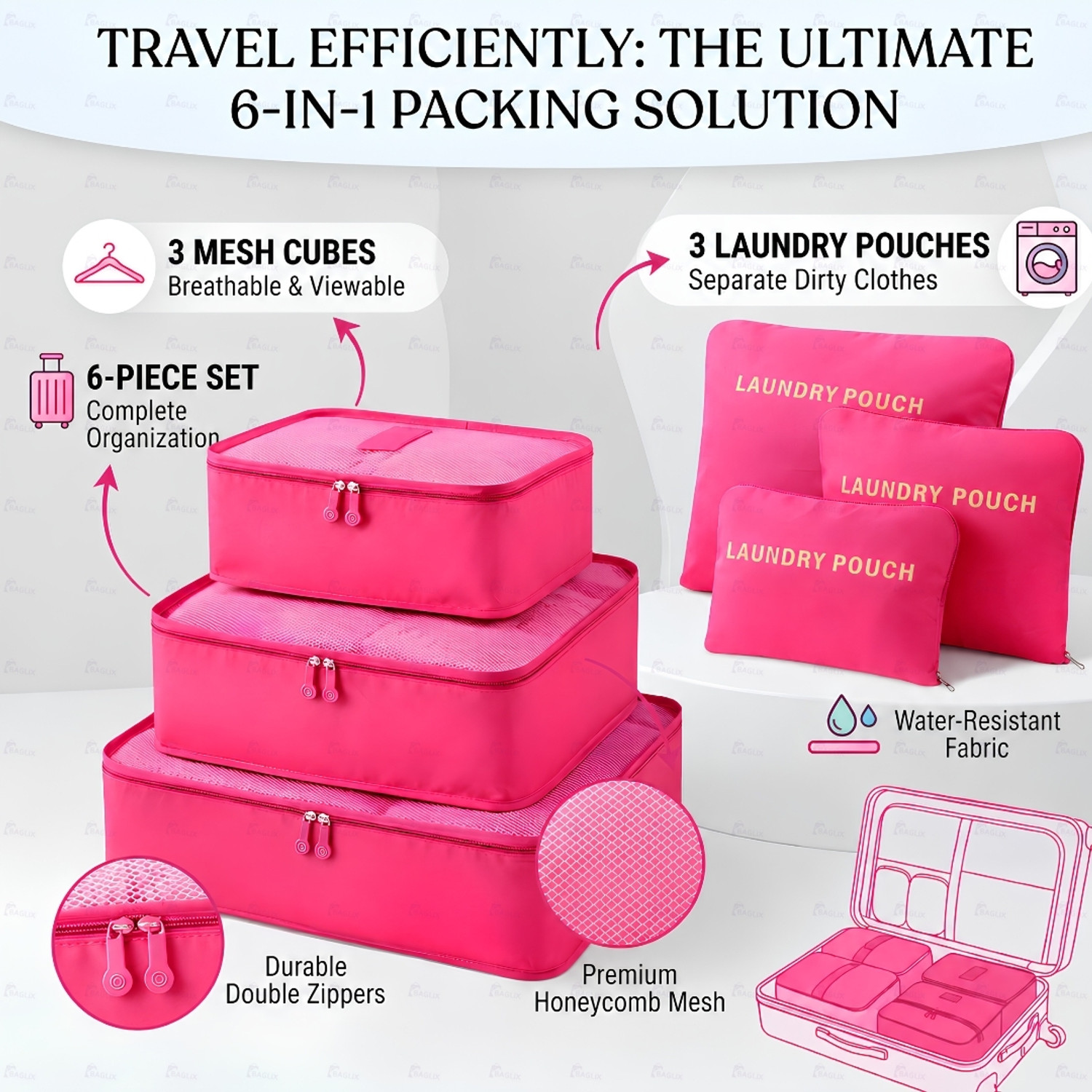 Image of BAGLIX Travel Organizer Set of 6 Space Saving Packing Cubes for Luggage B94