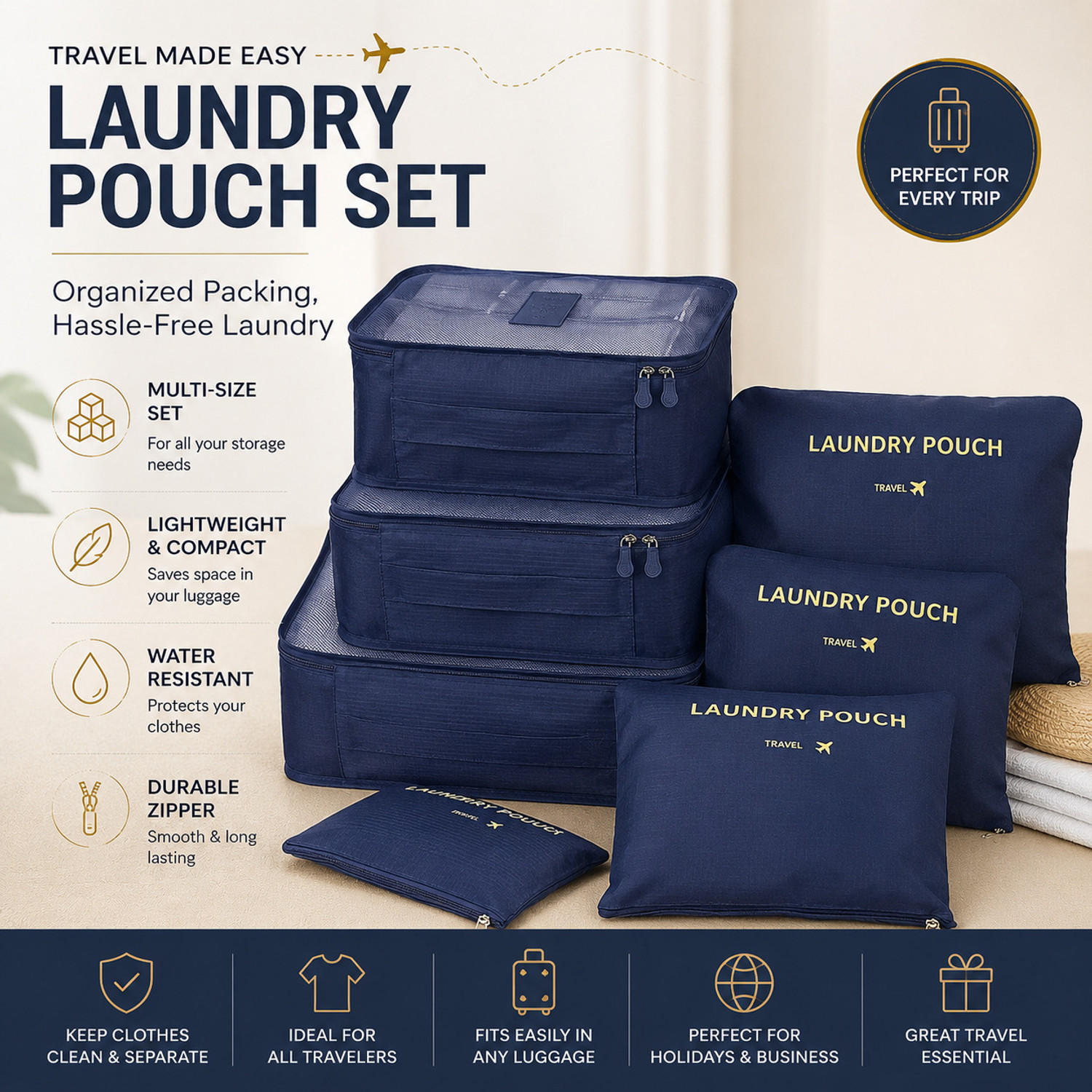 Image of Horizonite Travel Packing Cubes Set of 6 - Waterproof Cloth Organizer Zipper Laundry Bags