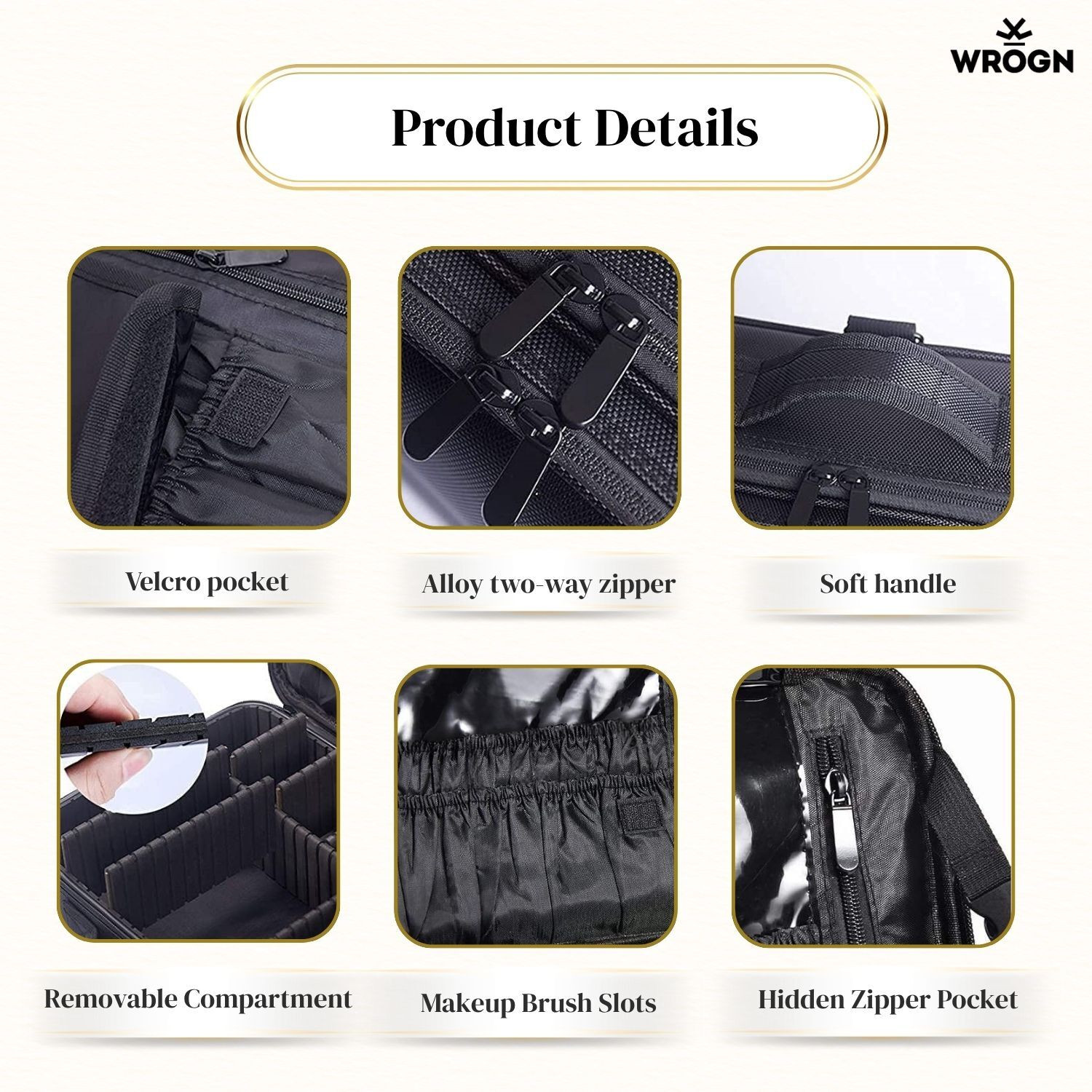 Image of WROGN Cosmetic Organizer & Vanity Bag with Adjustable Dividers, Brush 12 Slots (Black)