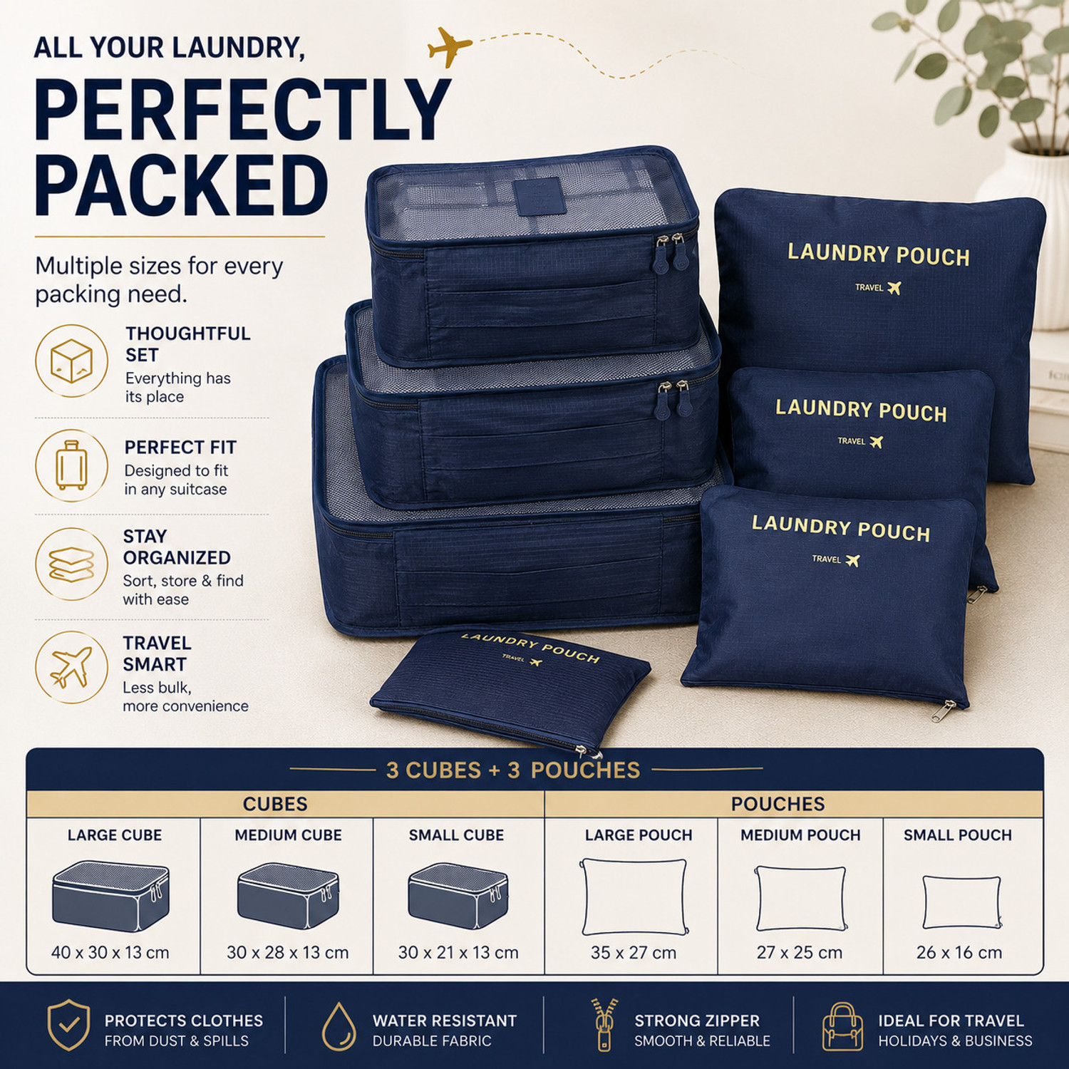 Image of Horizonite Travel Packing Cubes Set of 6 - Waterproof Cloth Organizer Zipper Laundry Bags