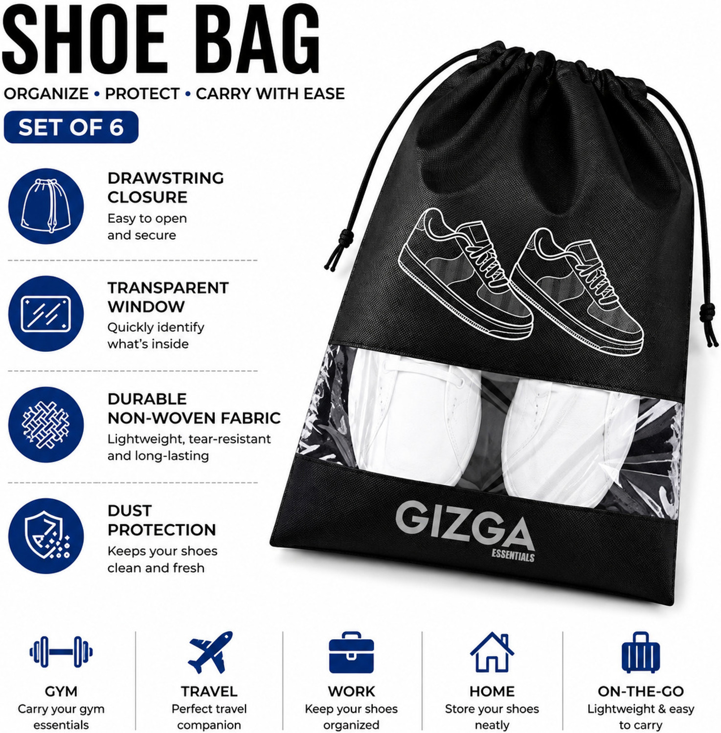 Image of Gizga Essentials Shoe Bags for Travel & Storage, Reusable Footwear Organizer Pouches - Pack of 6