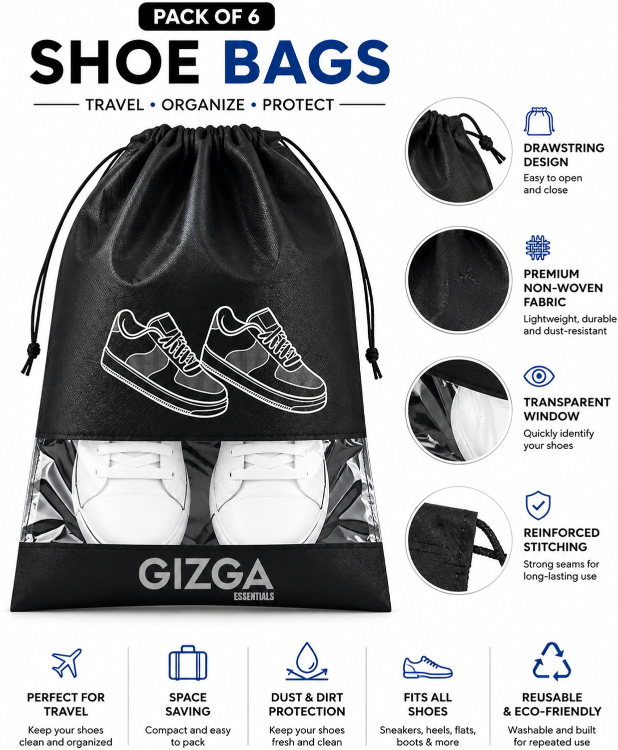 Image of Gizga Essentials Shoe Bags for Travel & Storage, Reusable Footwear Organizer Pouches - Pack of 6