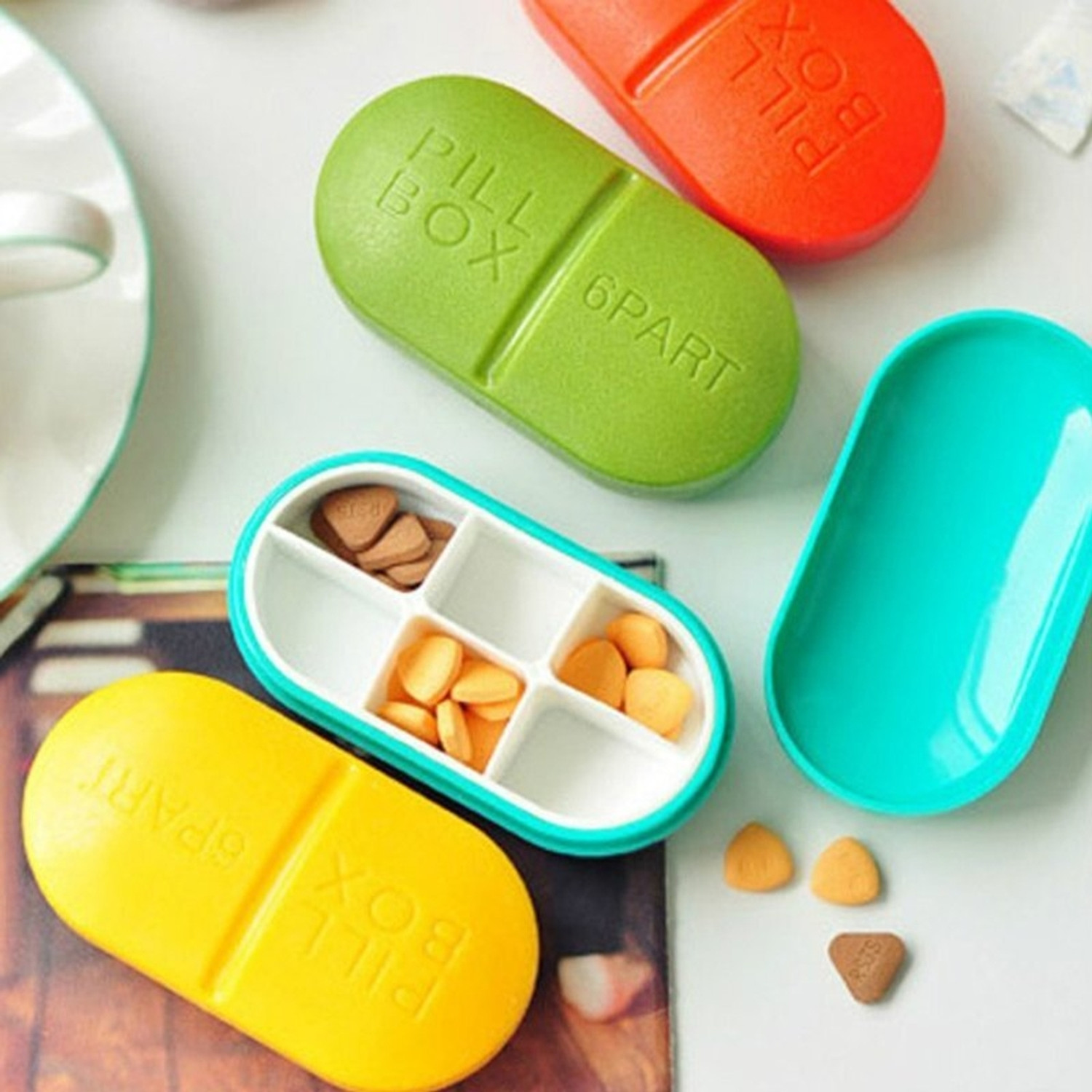 Image of SARVANGAH Portable 6-Slot Capsule Shape Pill Medicine Storage Pill Box.
