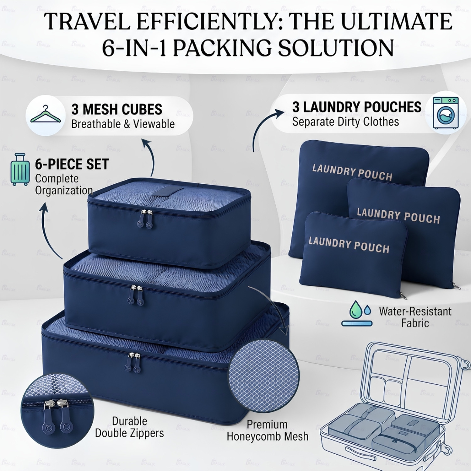 Image of BAGLIX Packing Cubes Set of 6 Travel Organizer Bags for Suitcase Luggage B348