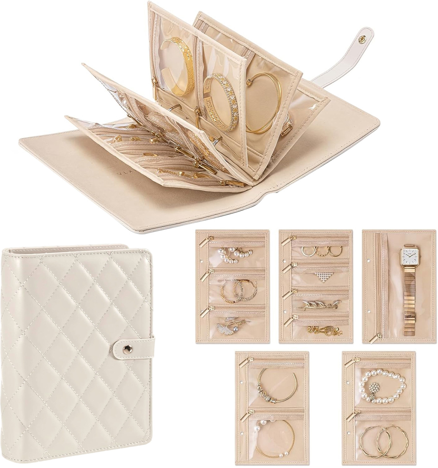 Image of gustave Travel Jewelry Organizer Bag Quilted PU Pouch with Twelve Clear Pockets