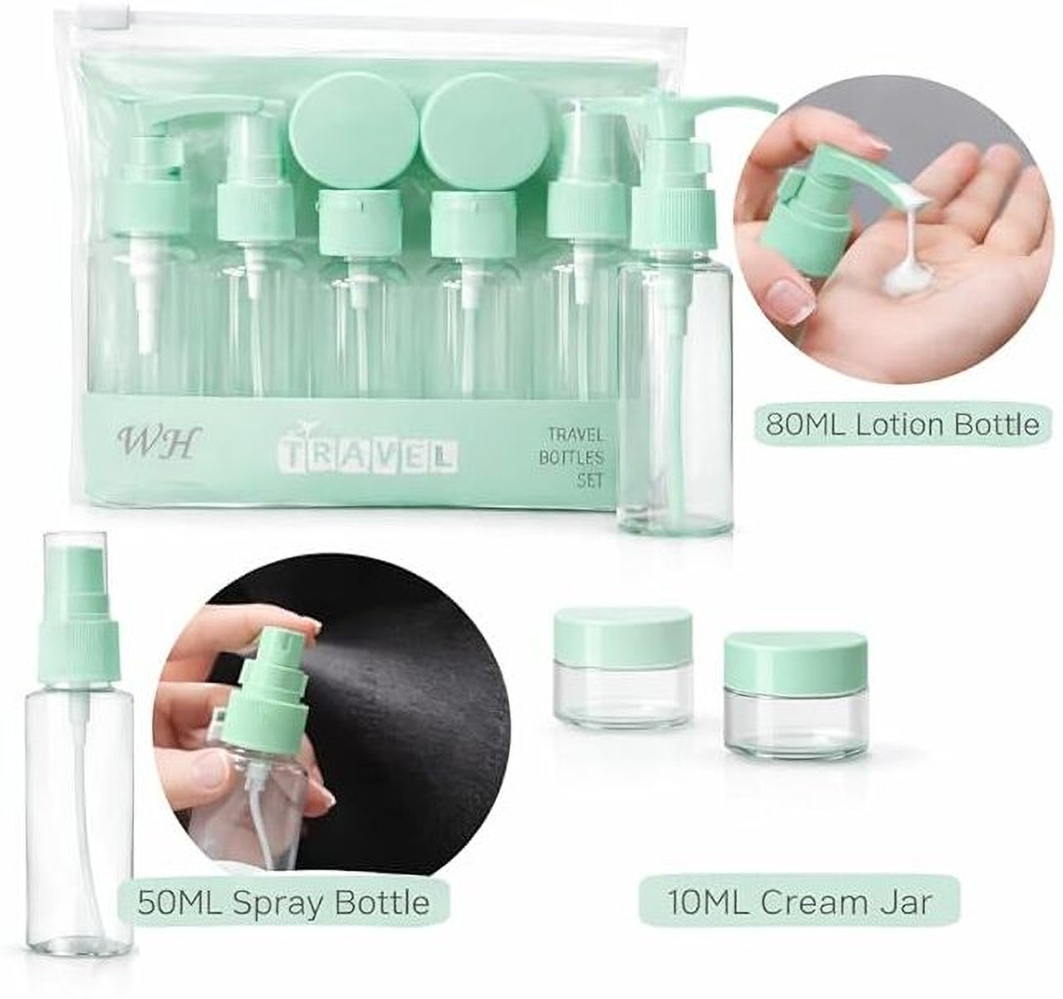 Image of NOVALYSTRIX Travel Bottles Set 7 Pcs Leak Proof Refillable Cosmetic Kit Mint Travel Toiletry Kit