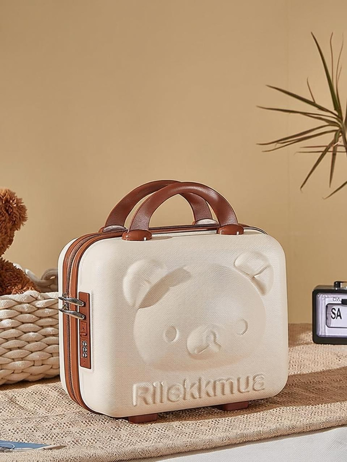 Image of VISHIXIT Mini Hard Shell Luggage Makeup Vanity with Lock Password Zipper for Women Travel Toiletry Kit (White, Brown)
