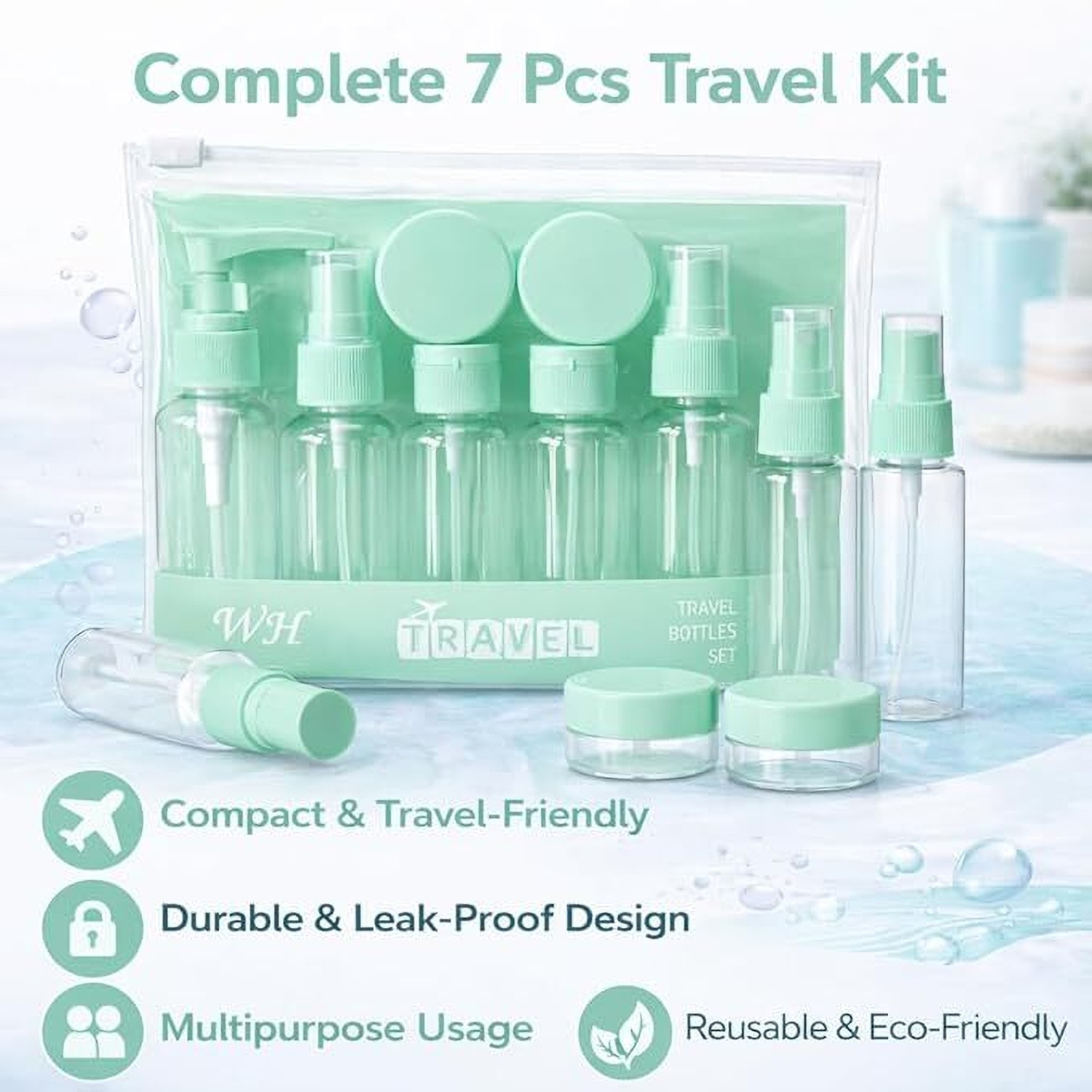 Image of NOVALYSTRIX Travel Bottles Set 7 Pcs Leak Proof Refillable Cosmetic Kit Mint Travel Toiletry Kit
