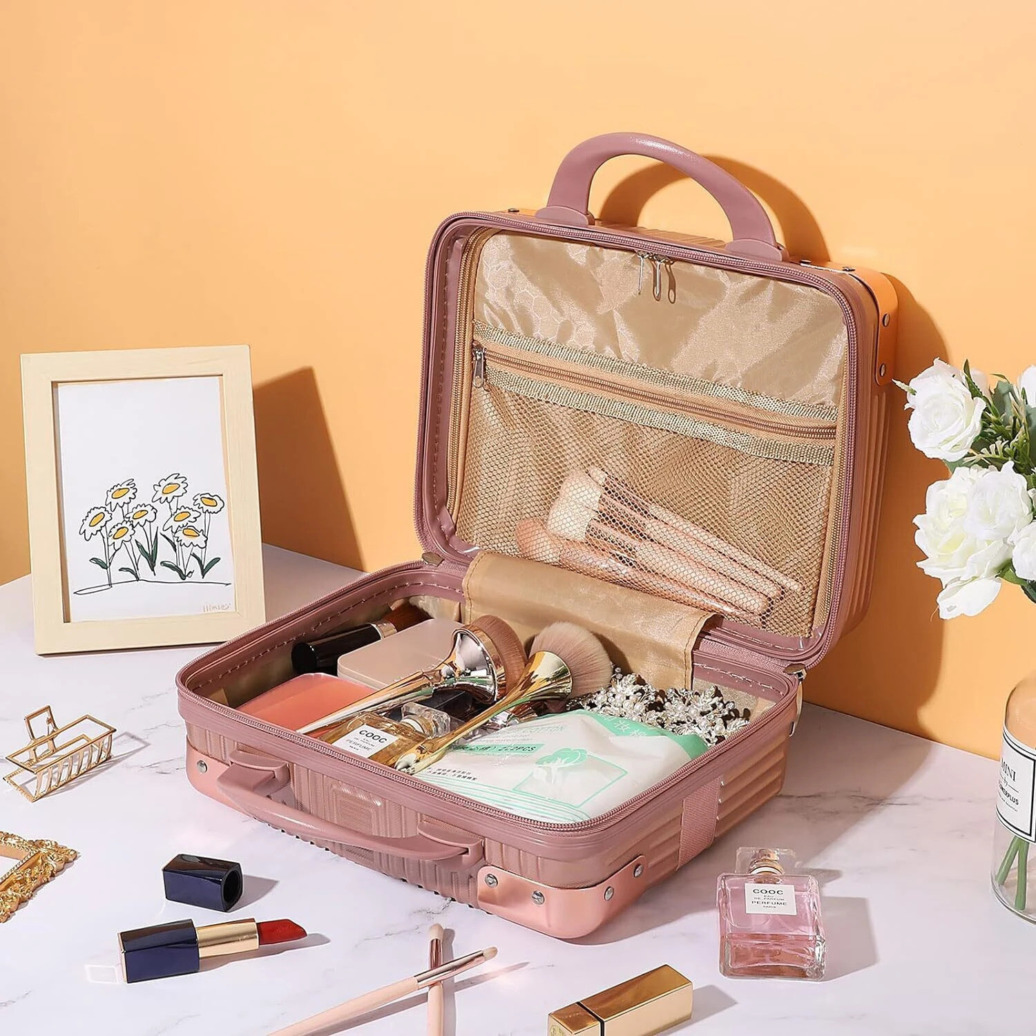 Image of SUNBEET Portable Makeup Travel Case Hand Luggage,Makeup Case Elastic Band Toiletry Kit Travel Toiletry Kit