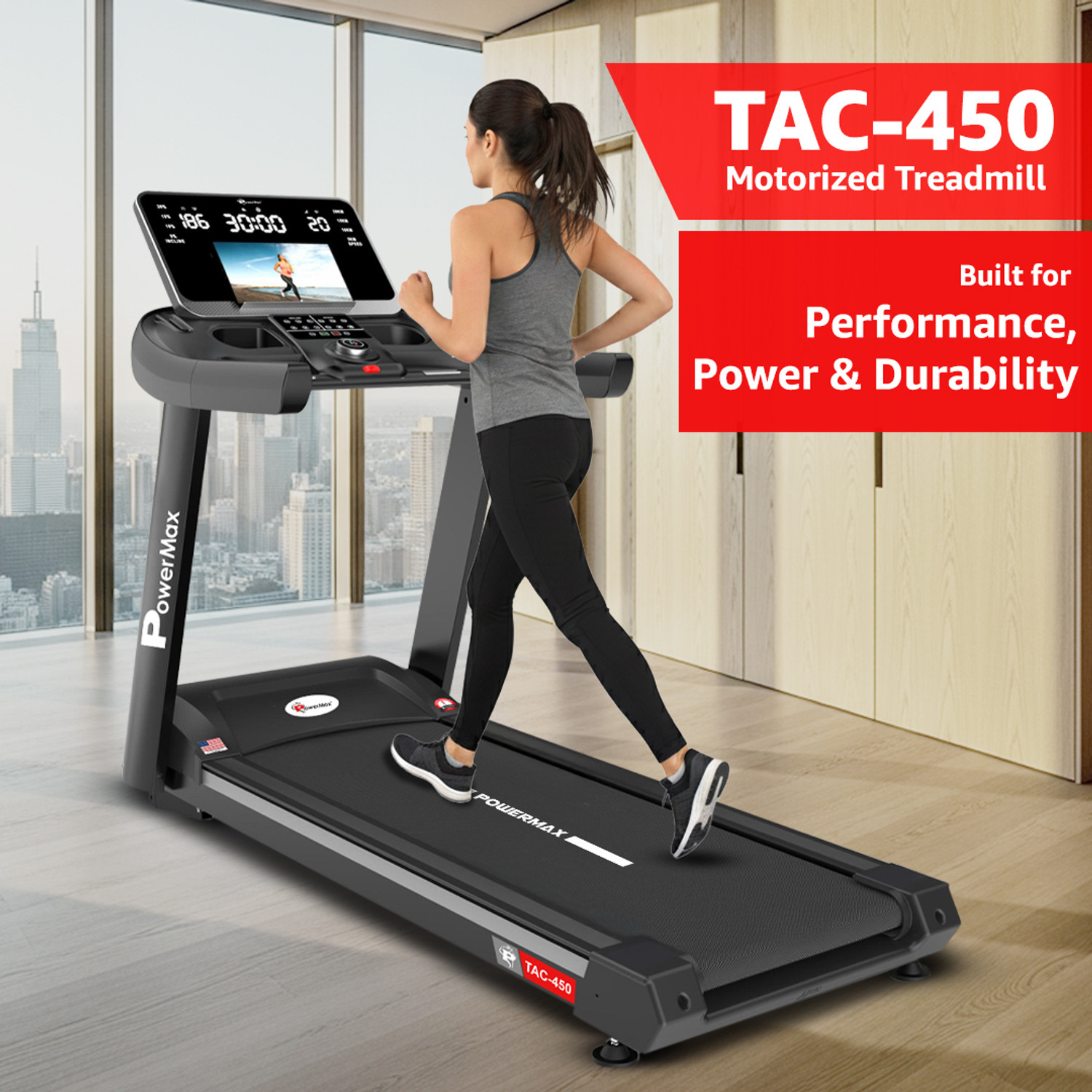 Image of Powermax Fitness TAC-450 6HP AC Motorized, 20 level Auto-Incline, ipad holder, Semi-Commercial Treadmill (Max Weight:160 kg)